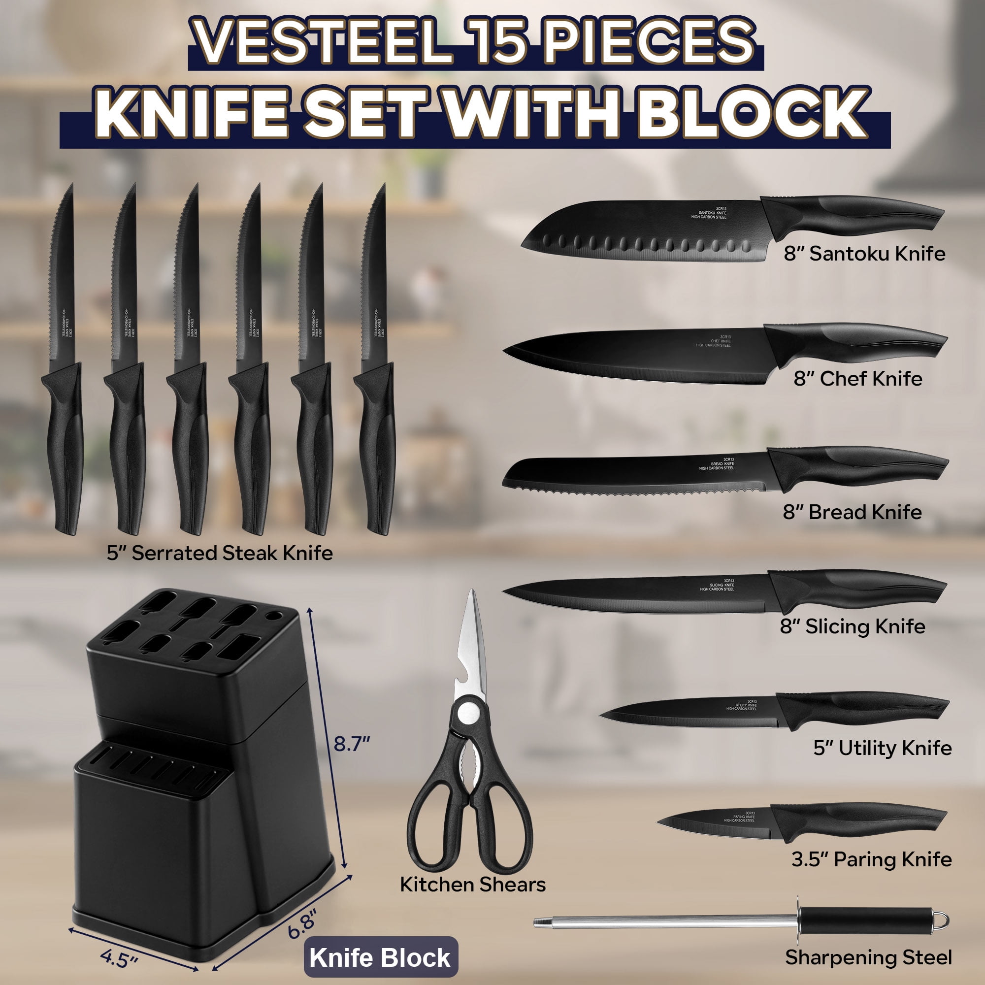 Vesteel Knife Set for Kitchen with Block, 15 Pcs High Carbon Stainless Steel Kitchen Knife Set with Self Sharpening - Black