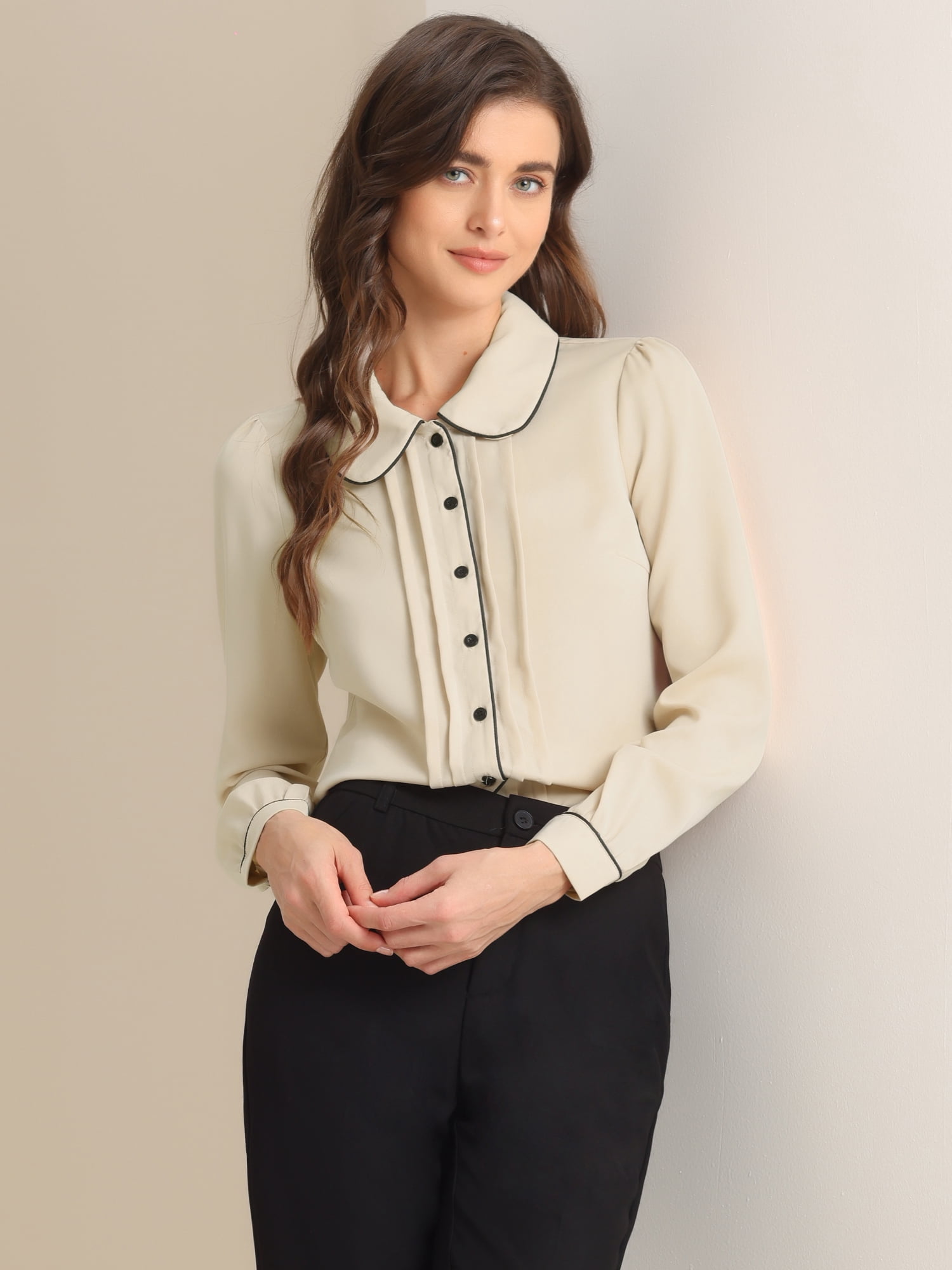 DARING DIVA Women's Peter Pan Collar Puff Sleeve Work Blouse XS Light Khaki