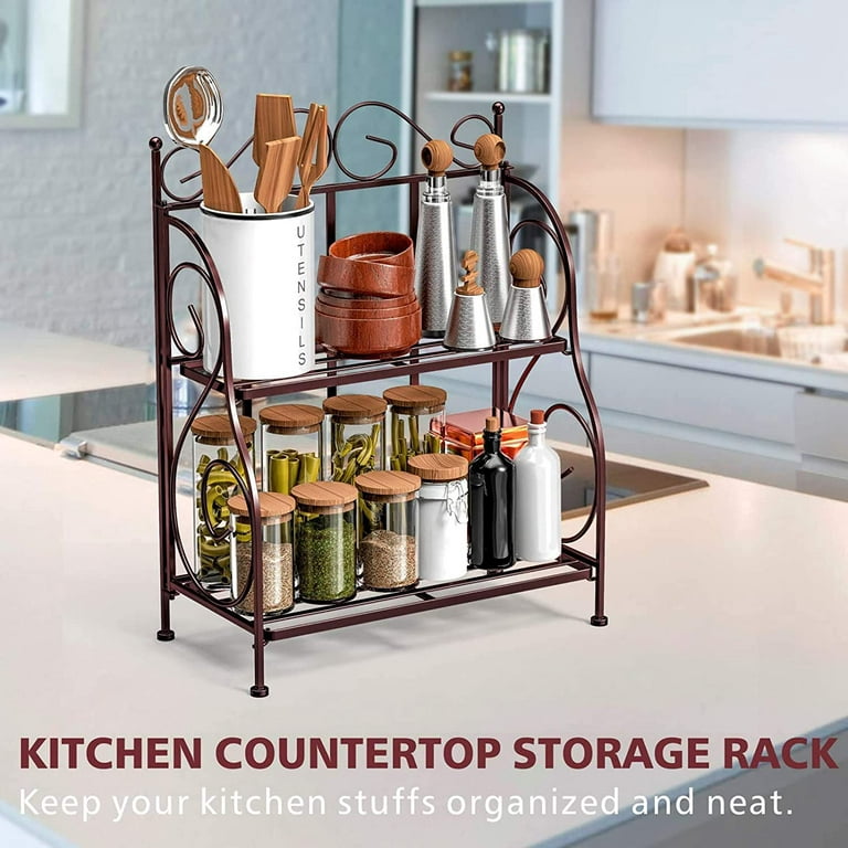  Flanney Spice Rack Organizer for Countertop, 2 Tier Metal  Foldable Non-Slip Countertop Organizer, Countertop Spice Rack for Kitchen  Bathroom Countertop(Black) : Home & Kitchen