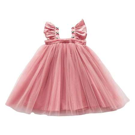 

Toddler Girls Summer Dress Fly Sleeve Cherry Embroidery Tulle Dress Dance Party Princess Dresses Baby Girl Clothes