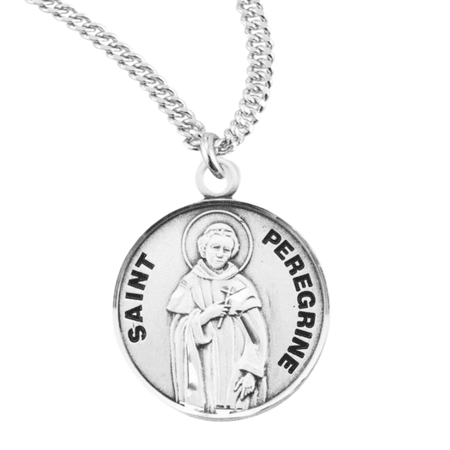 Sterling Silver Patron Saint St.Peregrine Medal Pendant Necklace in 20 Inch Rhodium Plated Stainless Steel Chain, Deluxe Velvet Gift Box - Made in USA
