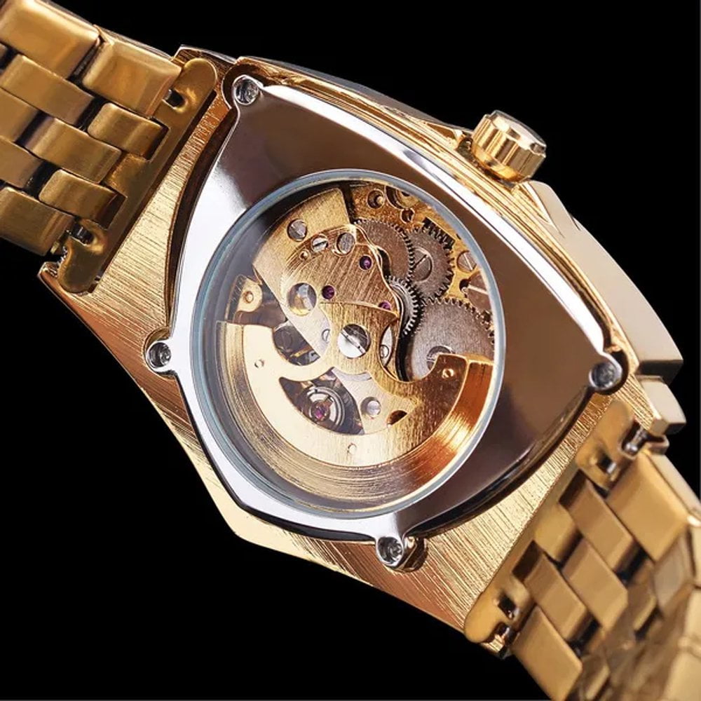 WINNER Triangle Skeleton Gold Black Watch Automatic Mechanical