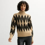 Women's Catherine Malandrino Diamond Fancy Stitch Two-Color Long Sleeve Turtleneck Color: Camel Black Size: LARGE