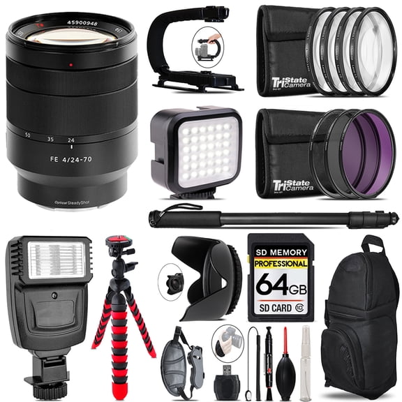 Sony Vario-Tessar T* FE 24-70mm f/4 ZA OSS Lens - Video Kit    Flash - 64GB Accessory Bundle (International Version)