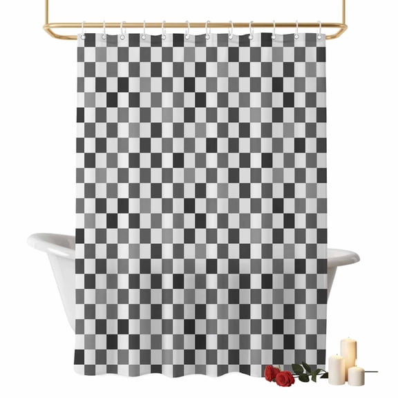 Modern Checkerboard Bathroom Shower Curtains with Hooks, Minimalist Black and White Plaid Block Waterproof Fabric Washable Shower Curtain for Home Hotel Bathtub Decor 36x72 Inch
