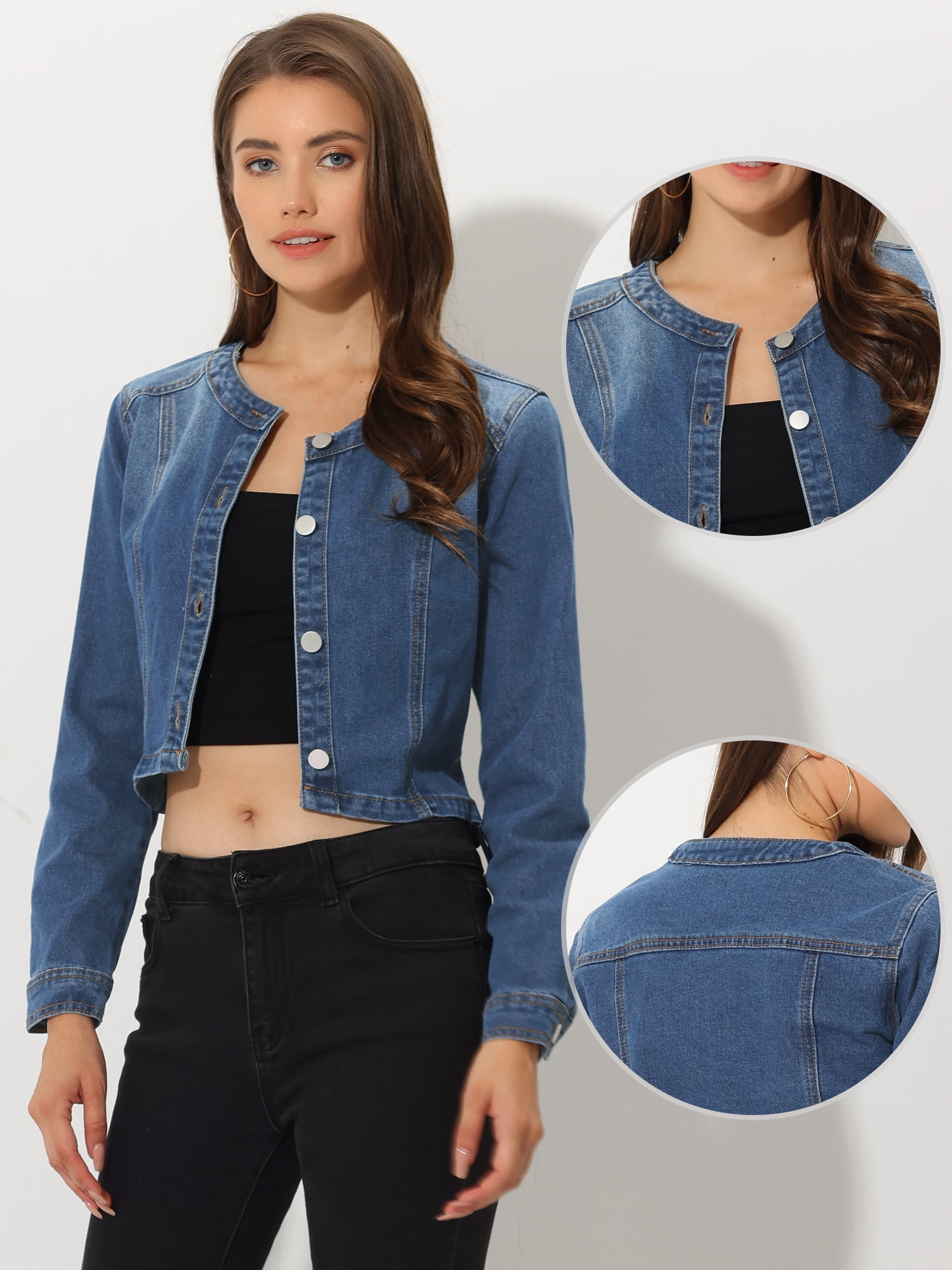 DARING DIVA Women's Collarless Button Down Long Sleeve Denim Jacket L Blue