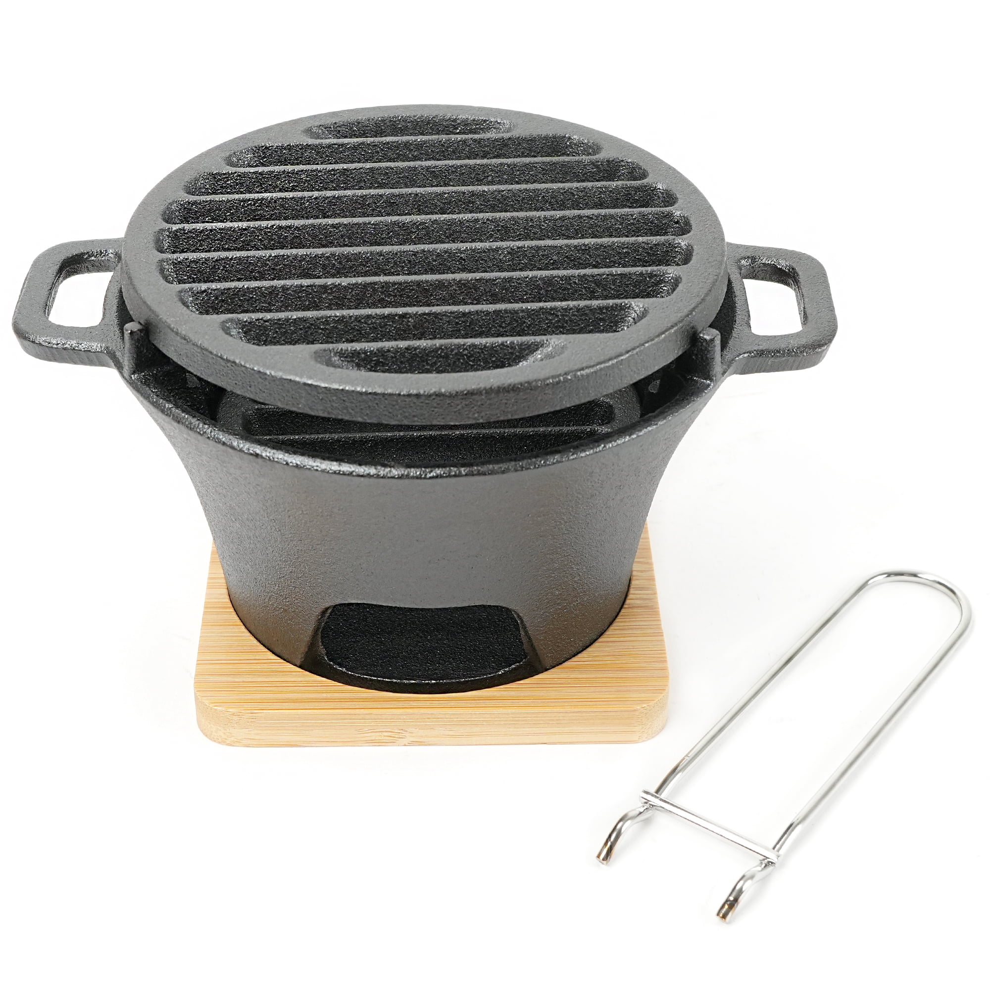 HAWOK Mini Cast Iron Tabletop Charcoal Grill Set, 5.28" Portable Hibachi with Cooking Grate, Charcoal Grate, Bamboo Base and Lifter
