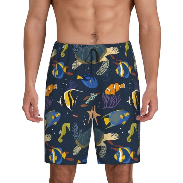 Balery Undersea Animals Pantalones cortos de pijama de punto de algodón para hombre con cinturilla y bolsillos-3X-Large