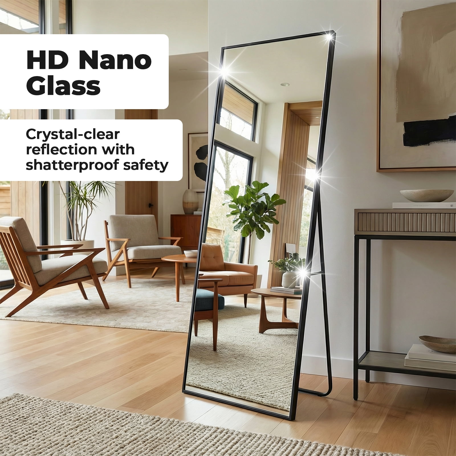 Full Length Mirror 59"/64"/71" - Floor Standing & Wall Mirror with Aluminum Alloy Thin Frame, Full Body Mirror for Bedroom, Gym, Dressing Room,Anti-Rust Nano Glass - Black/Gold - Arch/Rectangle