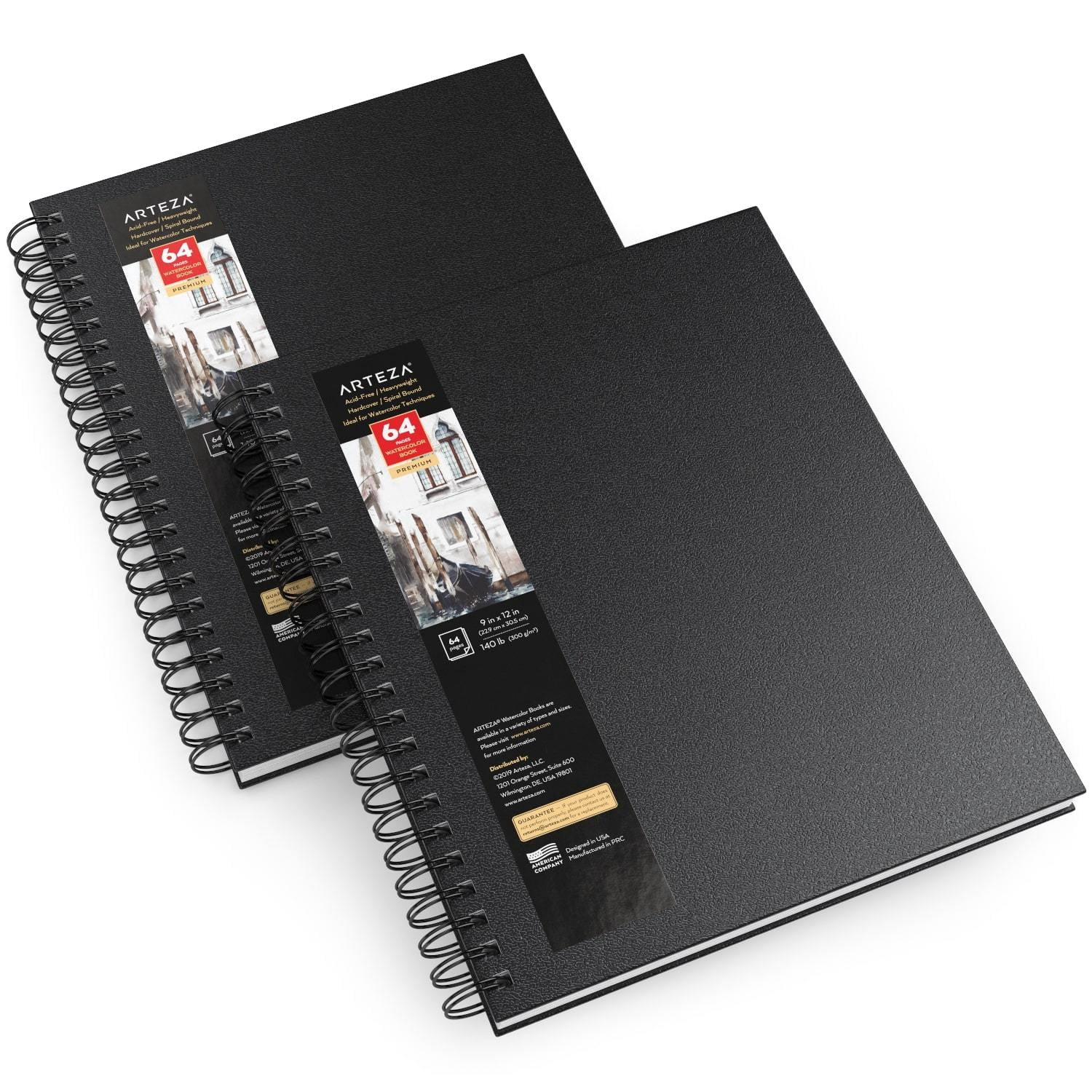Arteza 9" x 12" Spiral-Bound Hardcover Watercolor Sketchbook, 32 Pages, Black, Set of 2