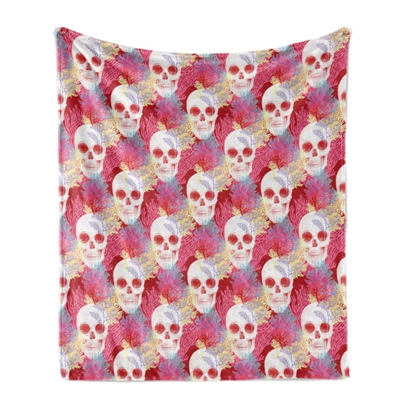 Coral Soft Flannel Fleece Throw Blanket, Double Exposured Graphic Mexican Skull Bones and Exotic Creepy Dead with Plants, Cozy Plush for Indoor and Outdoor Use, 60" x 80", Multicolor, by Ambesonne