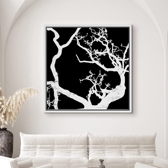 PixonSign Framed Canvas Print Wall Art Tall Tree Branches on Black Background Nature Wilderness Illustrations Modern Art Edgy Dark Black and White for Living Room, Bedroom, Office - 16"x16" White