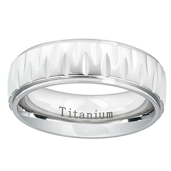 Men Women Titanium Wedding Band Ring 7mm White Alternating Notches Texture Ring