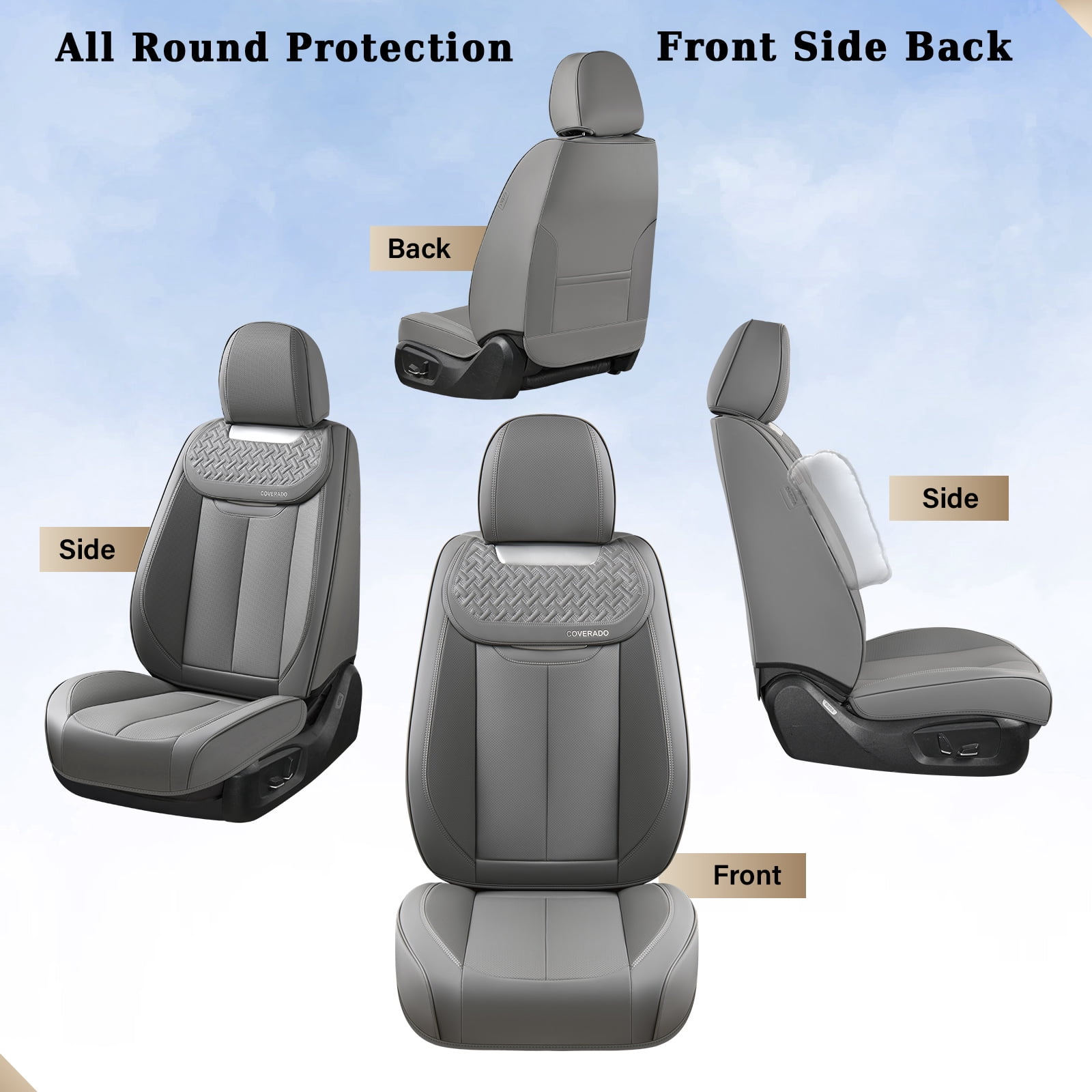 Coverado Front Car Seat Covers, Luxury Leather Car Seat Protectors, Automotive Interior Cushions Universal Fit Most Cars, Gray