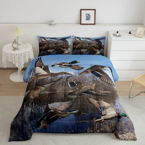 Erosebridal Mallard Duck Duvet Insert Duck Hunting Themed Comforter Set Teens Adults Mallard Duck Bird Printed Bedding Set Rustic Natural Lake Scenery Quilt with 2 Pillowcases,King
