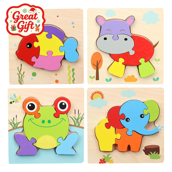 4PCS Wooden Animal Chunky Jigsaw Puzzles Set, Stocking Stuffers Montessori Educational Toy, Preschool Fine Motor Early Learning Toy, Christmas Birthday Gift for Toddler Boys Girls Ages 2 and Up