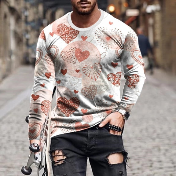 AOOCHASLIY Men Shirt for Valentine Gift Men Casual Round Neck Long Sleeve Pullover Valentine's Day Printed T-Shirt Blouse
