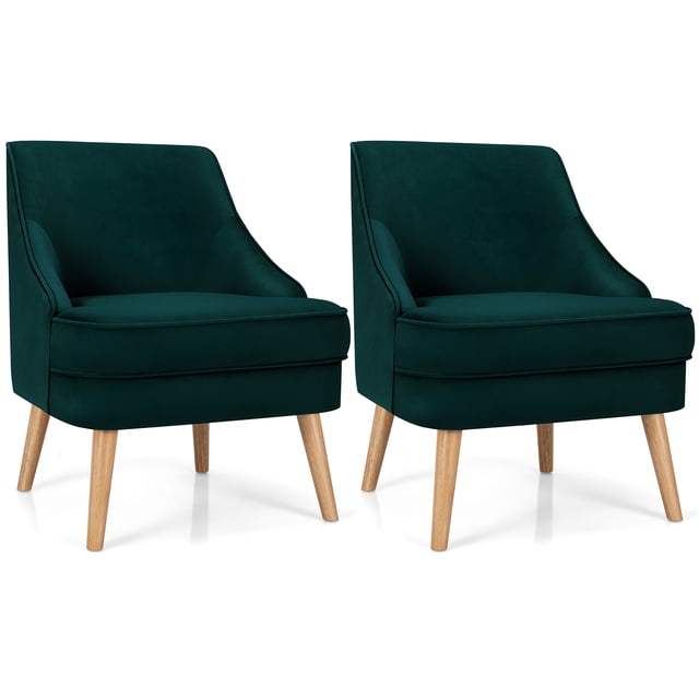Costway Set of 2 Accent Chairs Velvet Single Sofa Chair w/Rubber Wood Legs Green