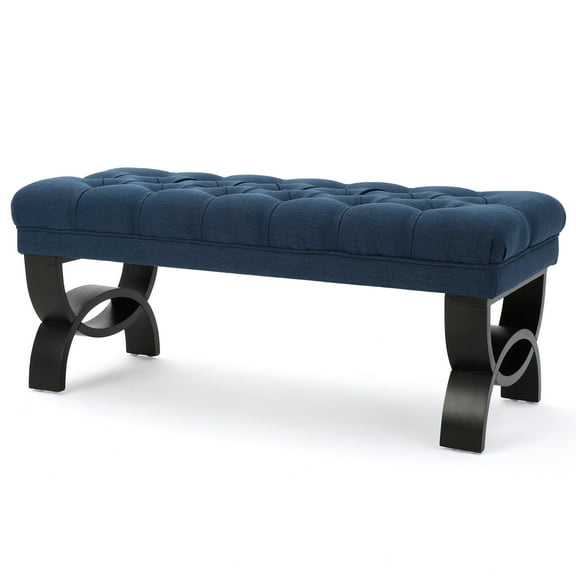 GDF Studio Jaymee Contemporary Tufted Ottoman Bench, Navy Blue Fabric and Dark Brown