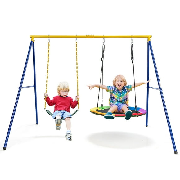 Gymax Swing Frame Stand with 2 Swing Set Swing Sets for Backyard w/ Ground Stakes