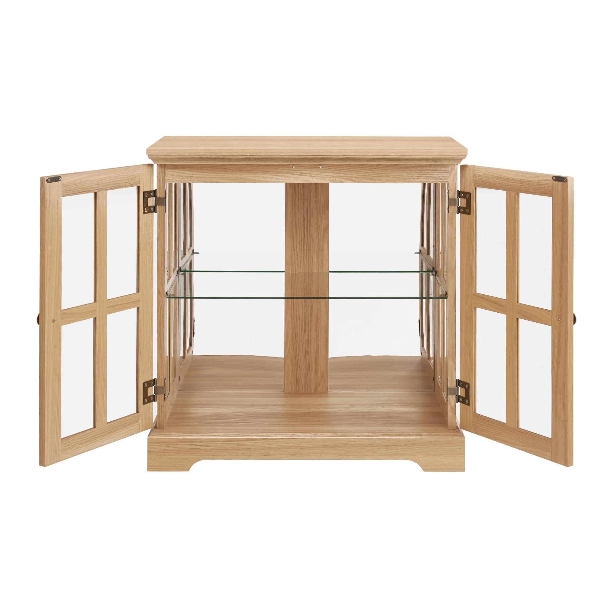AENKYO Retro LED Glass Display Cabinet with Adjustable Shelf, Vintage Style Curio Showcase for Home, Light Oak