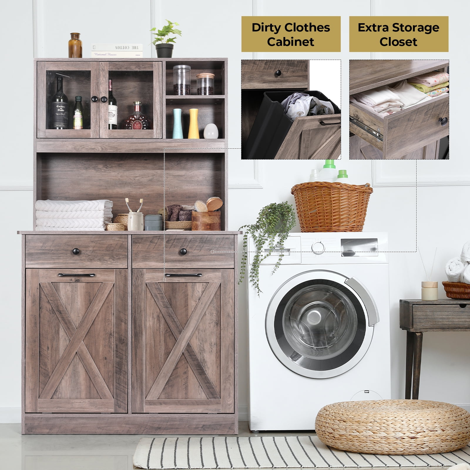 LAZY BUDDY Double Tilt Out Trash Cabinet 2 x 10 gal Solid Wood Hideaway Trash Holder Wooden Free Standing Recycling Cabinets Bin for Kitchen, Gray
