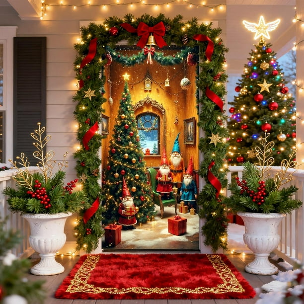Cortina Navideña de Poliéster de 35 X 72 Pulgadas con Diseño de Papá Noel | Decoración Festiva Duradera para Puertas de Entrada, Uso Interior, Decoración de Fiestas, Multiusos