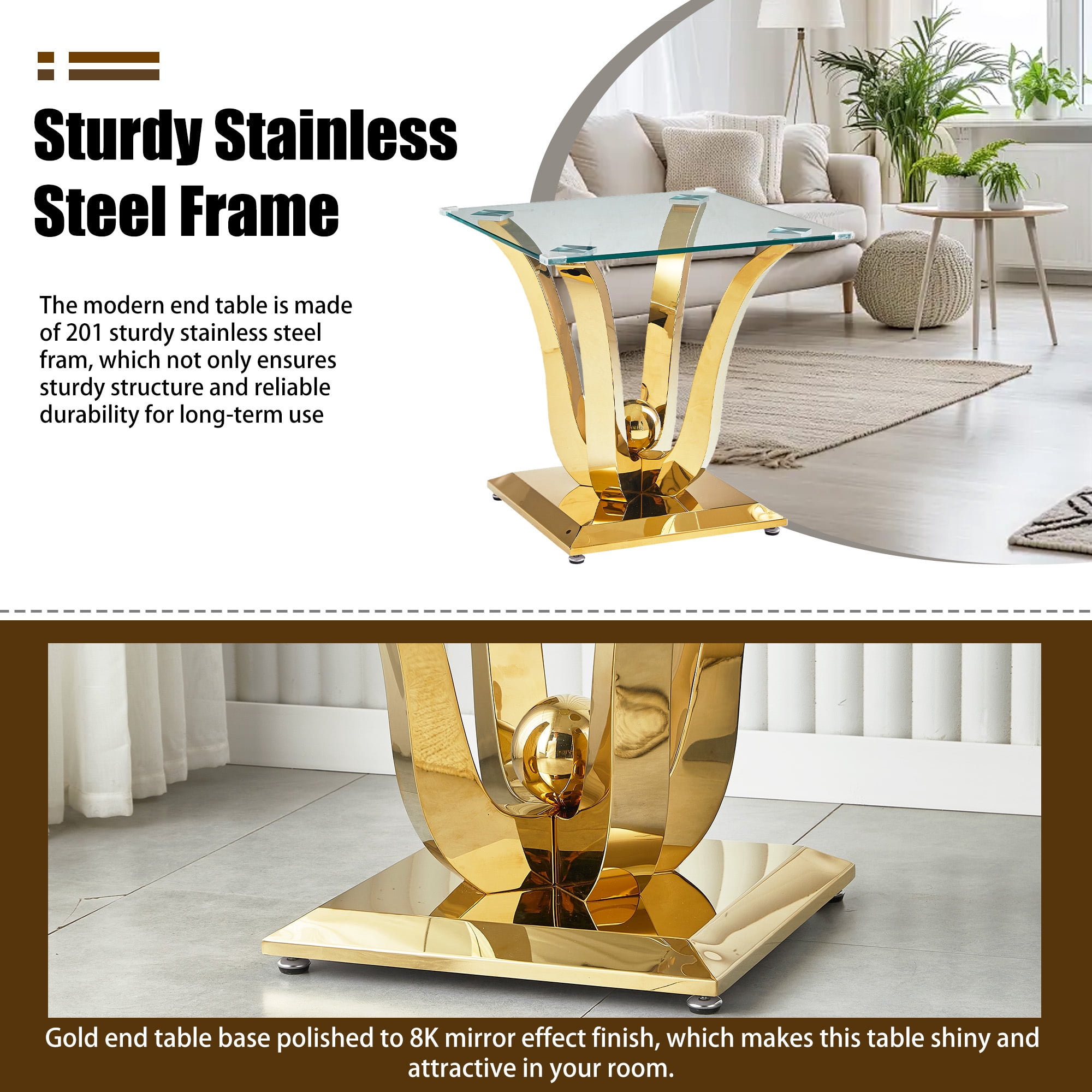 23.62" Square Glass End Table with Tempered Glass Top and Modern U-Shaped Stainless Steel Base, Perfect for Living Room and Bedroom
