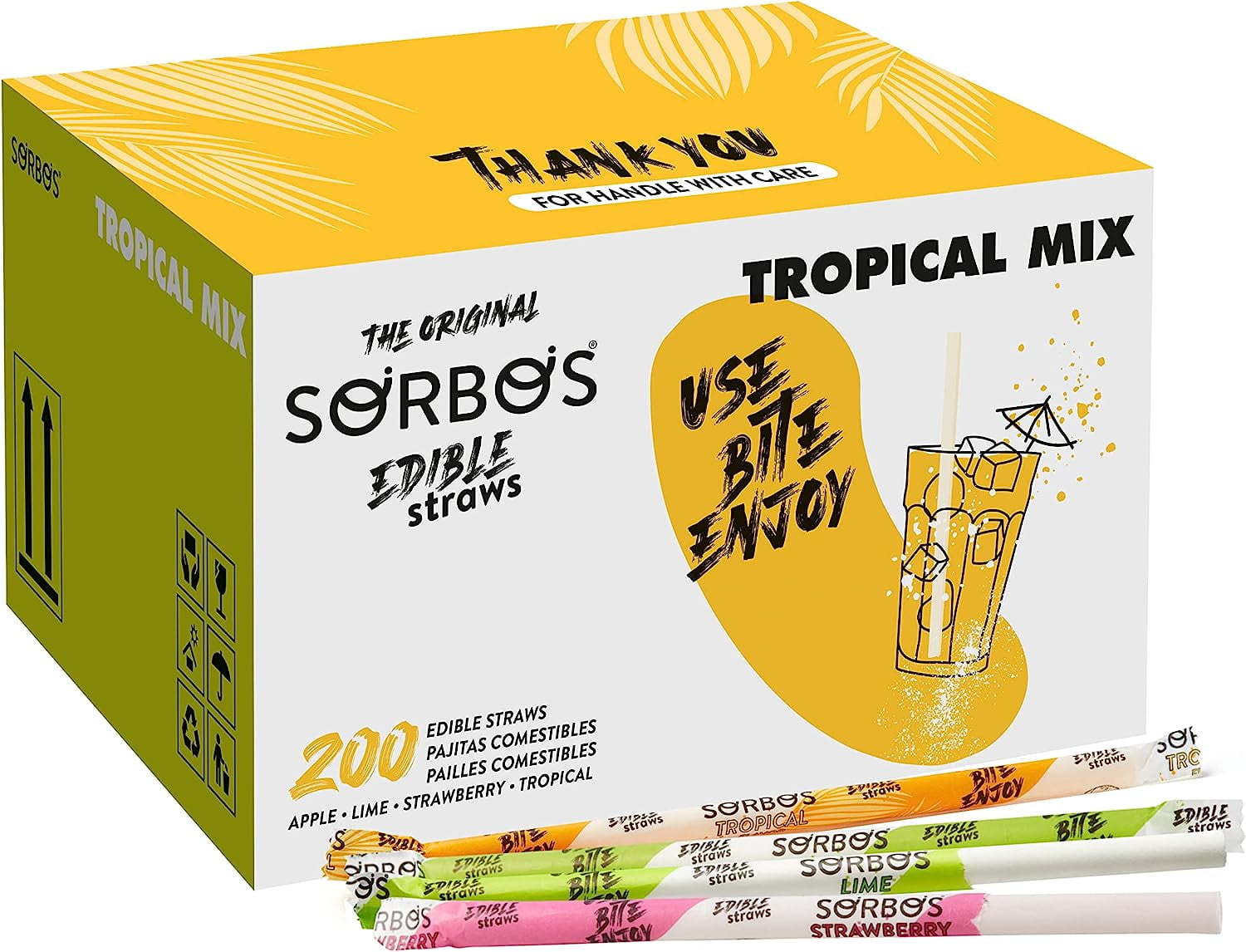 Sorbos Edible Straws, Tropical Mix Flavor Variety, Tropical, Strawberry