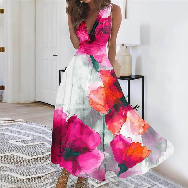 FcBaudy Robe Sans Manches Col en V, Robes pour Femmes, Robes d'Été pour Femmes Printemps/été Robe Longue Sans Manches Col en V Robe Enveloppante