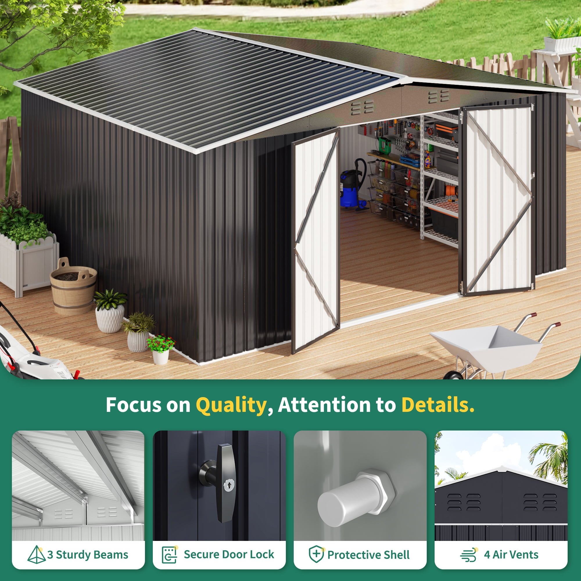 NETAJE 14'x12' Outdoor Metal Shed with Lockable Doors and Updated Frame for Backyard, Garden, Lawn, Black