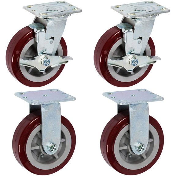 6 inch x 2 inch PRO-TECH Polyurethane Heavy Duty Industrial Non-Marking Top Plate Casters, 2 Swivel Top Lock Brake & 2 Rigid Casters, 3600 LBS Load Capacity, MAROON (4-Pack) - ICON 6600 Series