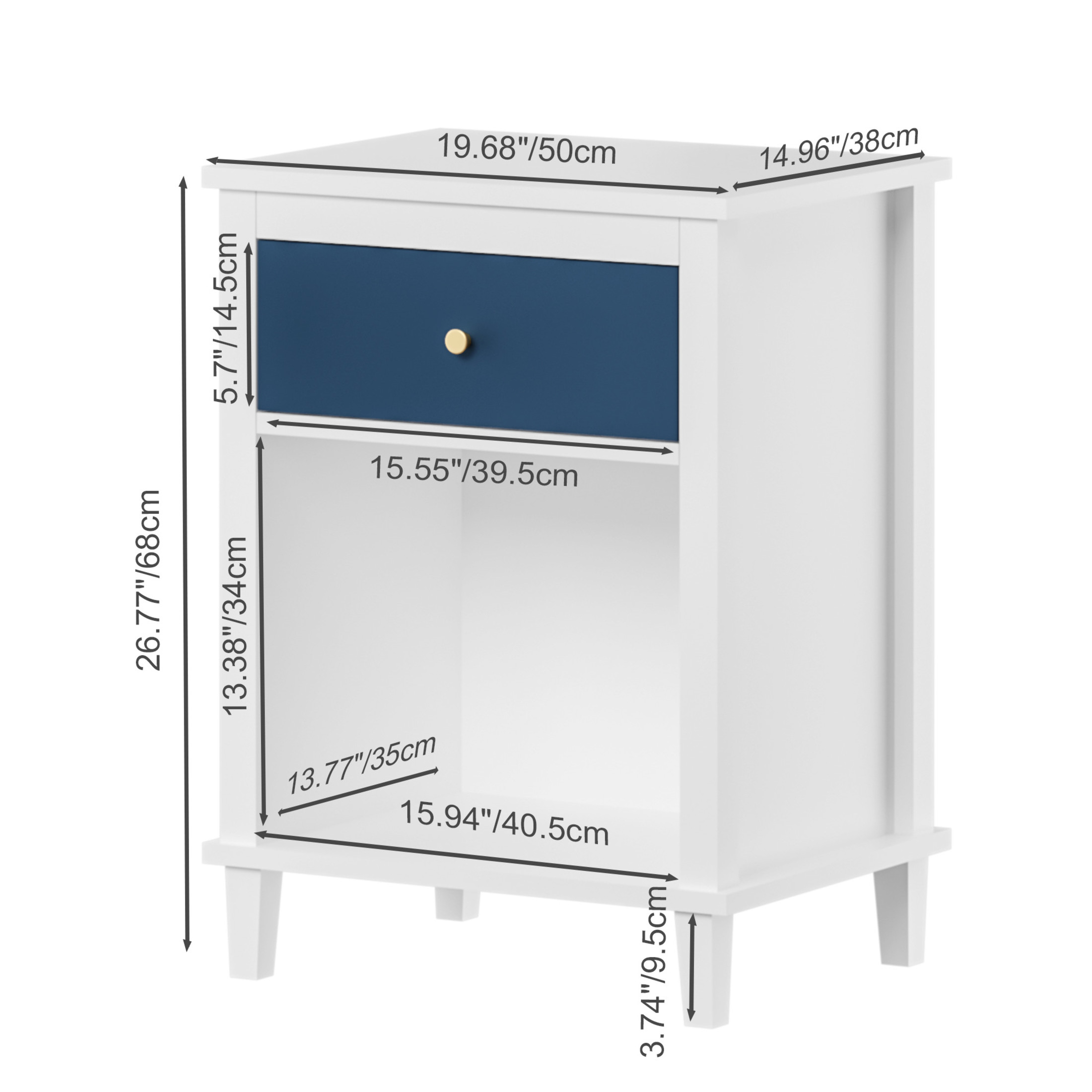 Noble House 26.8" Kids and Adults Wooden Nightstand, 1-Drawer  Bedside Table with Shelf, Silver Handle, White & Navy