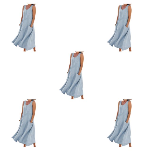 pitrice Femmes Été Coton Robe en Lin Sans Manches Col Rond Boho Vintage Style Plage Couleur Unie Kaftan Libre Porter Tous les Jours Sky blue/XXXL 5Set