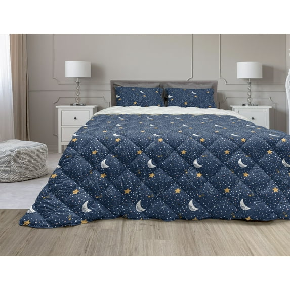 Night Sky Comforter & Sham Bedding Set, Doodle Style Sky Moons Stars and Colorful Blots, 3 pcs Duvet Set Microfiber Filling Quilt, 5 Sizes, Night Blue Marigold, by Ambesonne