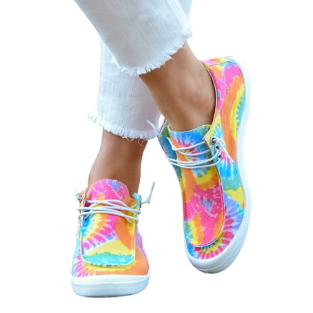 iOPQO Women's sandals Women Slip On Shoes Tie Dye Non Positioning Printing Flat Sneakers Fashion Casual Lace Up Casual Shoes Soft Sole Sneakers Casual Sneakers Tie Dye Yellow 38