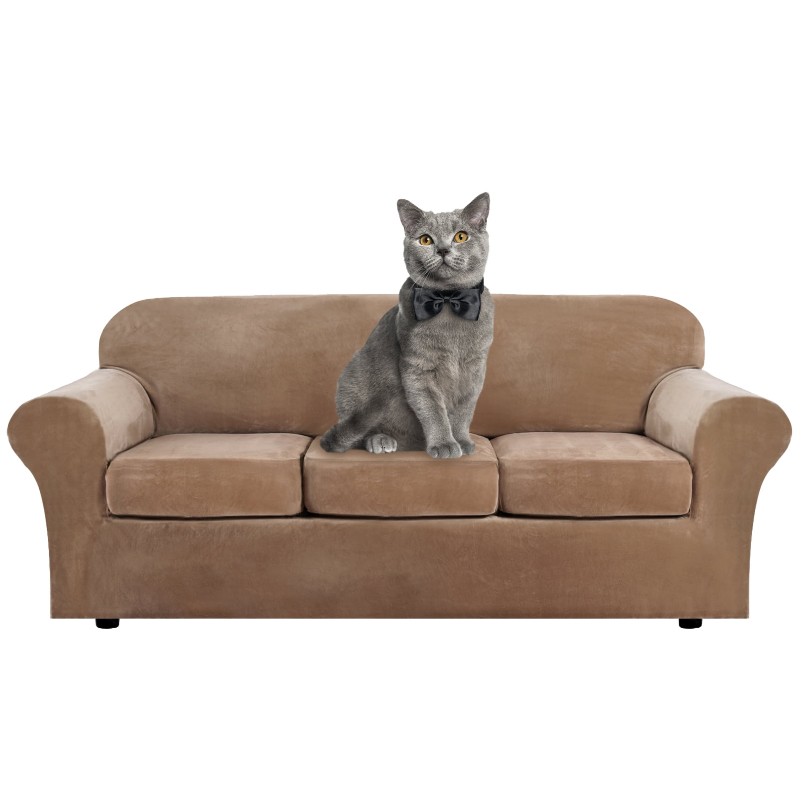 Topchances Velvet Plush 4 Piece Stretch Sofa Covers Couch Covers for 3 Cushion Couch 3 Seater Covers (Base Cover Plus 3 Individual Cushion Covers) Feature Thick Soft Stay in Place