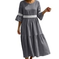 thumbnail image 2 of QUNYINEY Women Dresses Casual Faux Cotton Linen Long 3/4 Sleeve A Line Dress Lace Solid Crew Neck Flowy Loose Fit Dresses, 2 of 8
