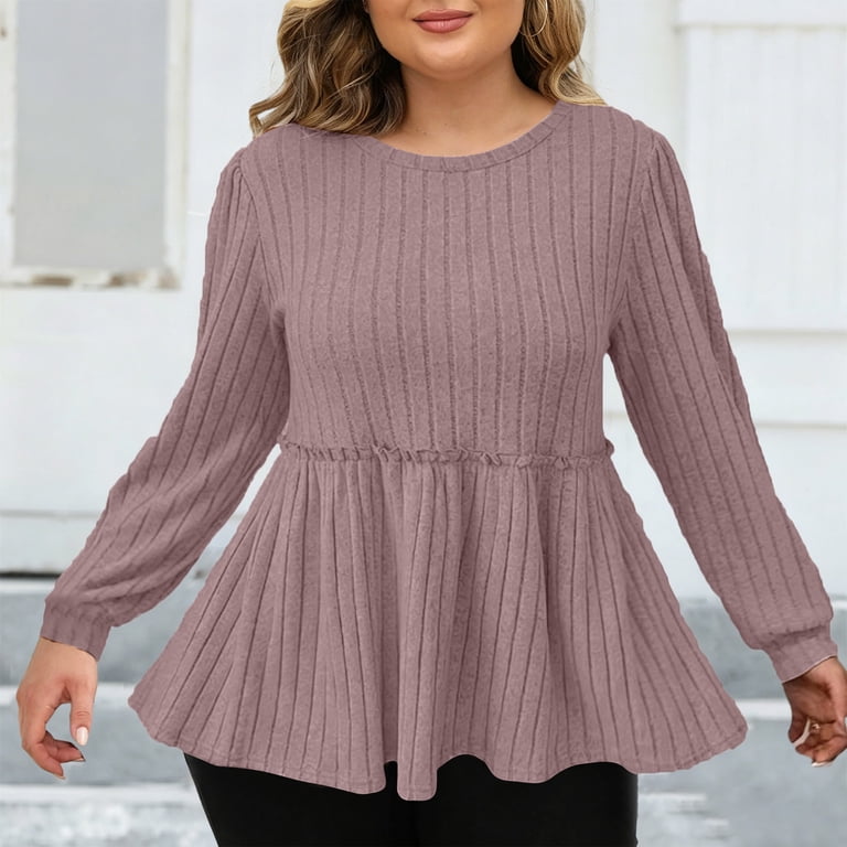 Ruimatai Womens Ribbed Peplum Tops Crew Neck Balloon Long Sleeve 