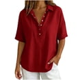 thumbnail image 4 of Neewe Womens Plain V Neck Button Down Shirts Short Sleeve Cotton Linen Tops Casual Collared Blouses Loose Fit, 4 of 6