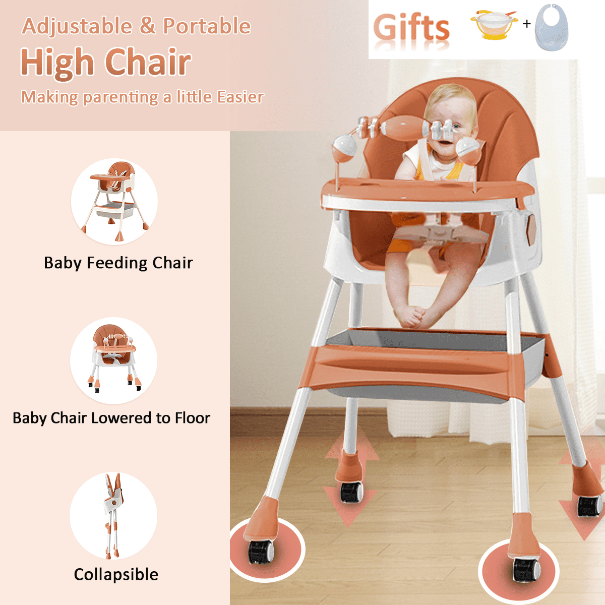 JieC 3 in 1 Baby High Chair, Foldable Baby Feeding Chair, For Infants and Toddlers 0-24 Months,Brown