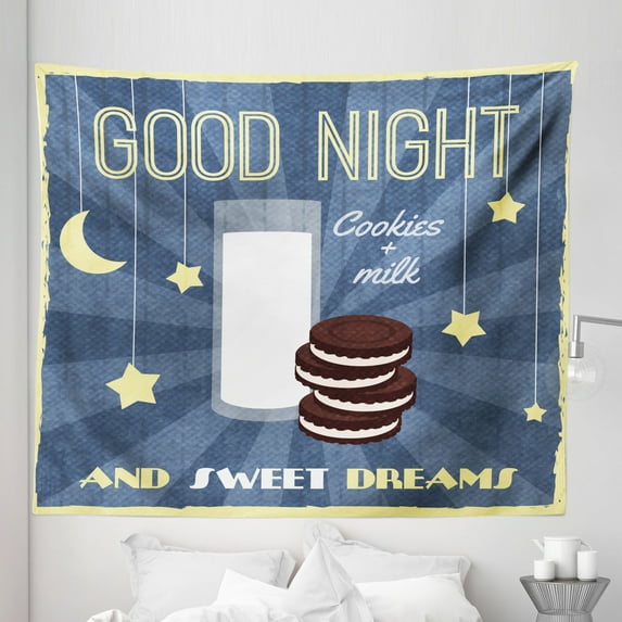 Saying Tapestry, Retro Poster with Chocolate Biscuits and a Glass of Milk Night Words, Fabric Wall Hanging Decor for Bedroom Living Room Dorm, 5 Sizes, Multicolor, by Ambesonne