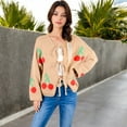 thumbnail image 7 of Women's Chunky Knit Tie-Front Cardigan with Cherry Pattern - Medium, Khaki, 7 of 7