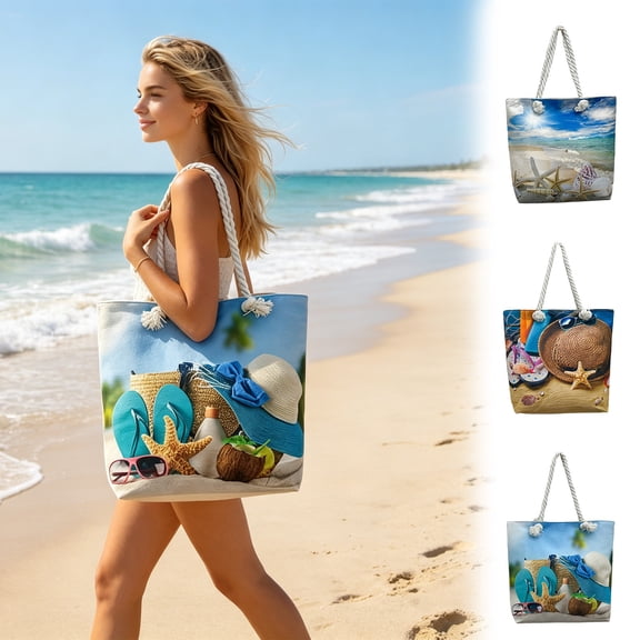 Dmlowu Heavy Duty Sandproof Beach Bag for Women, Large Capacity Linen Canvas Beach Tote Bag, Reusable Lightweight Summer Shoulder Handbags for Short Trip Travel