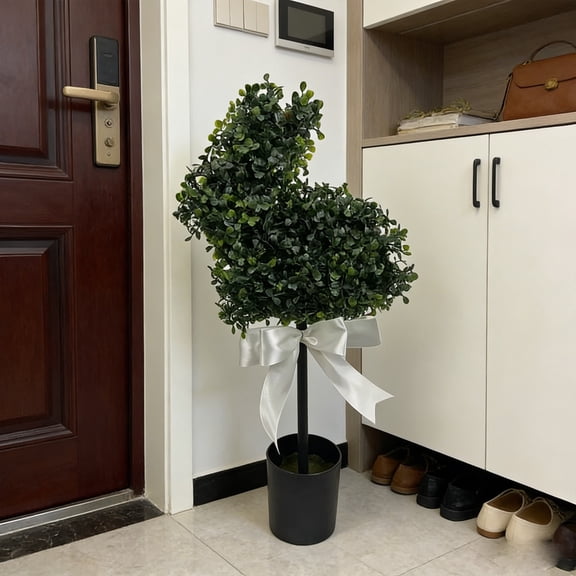Easter Bunny Eggs Tree Topiary Outdoor, Artificial Bunny-Shaped Egg-Shaped Topiary Tree, Faux Boxwood Bush Plants with White Bow for Home Front Porch Garden Easter Decor