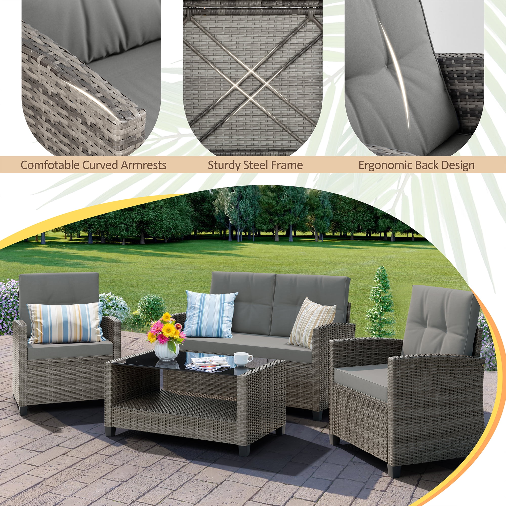 Walsunny 4 Pieces Outdoor Sectional Conversation Wicker Patio Furniture Set with Cushion Table for Backyard,Porch,Garden,Poolside Balcony,Gray