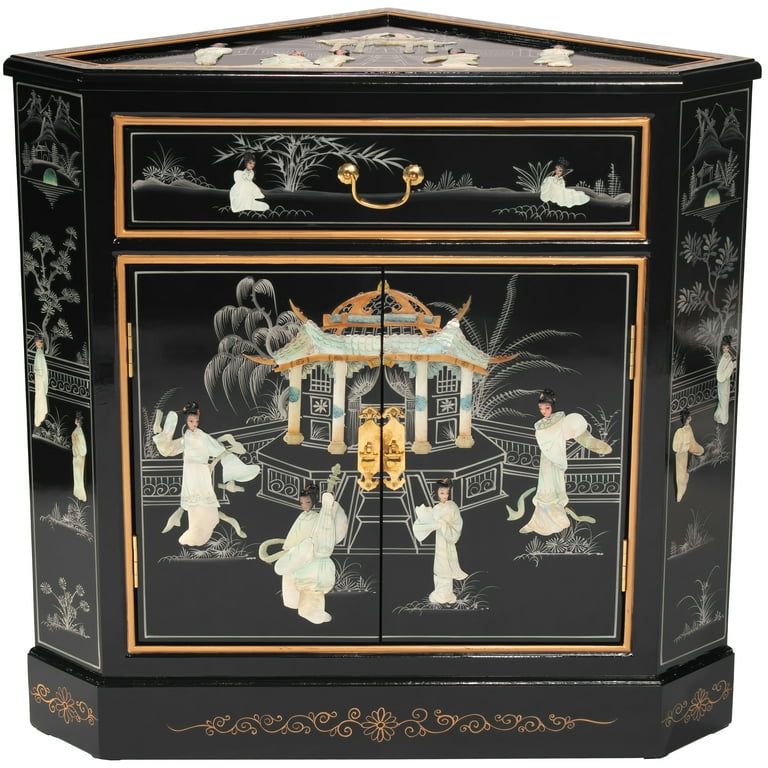 Oriental Furniture Black Lacquer Corner Cabinet - Royal Ladies