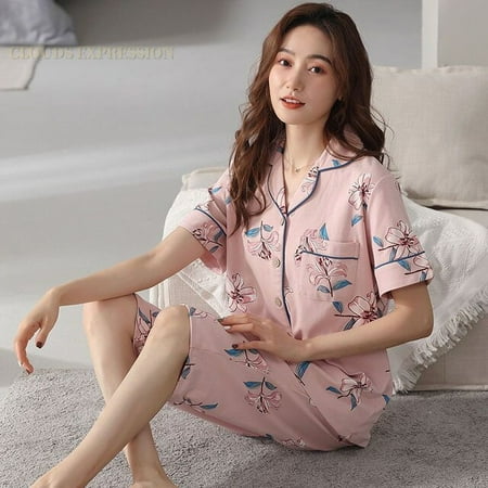 

QWZNDZGR Summer New Short Sleeve Women s Pajamas Set Cartoon Leisure Nightwear Knitted Cotton Plaid Long Pants Sleepwear Fashion Homewear