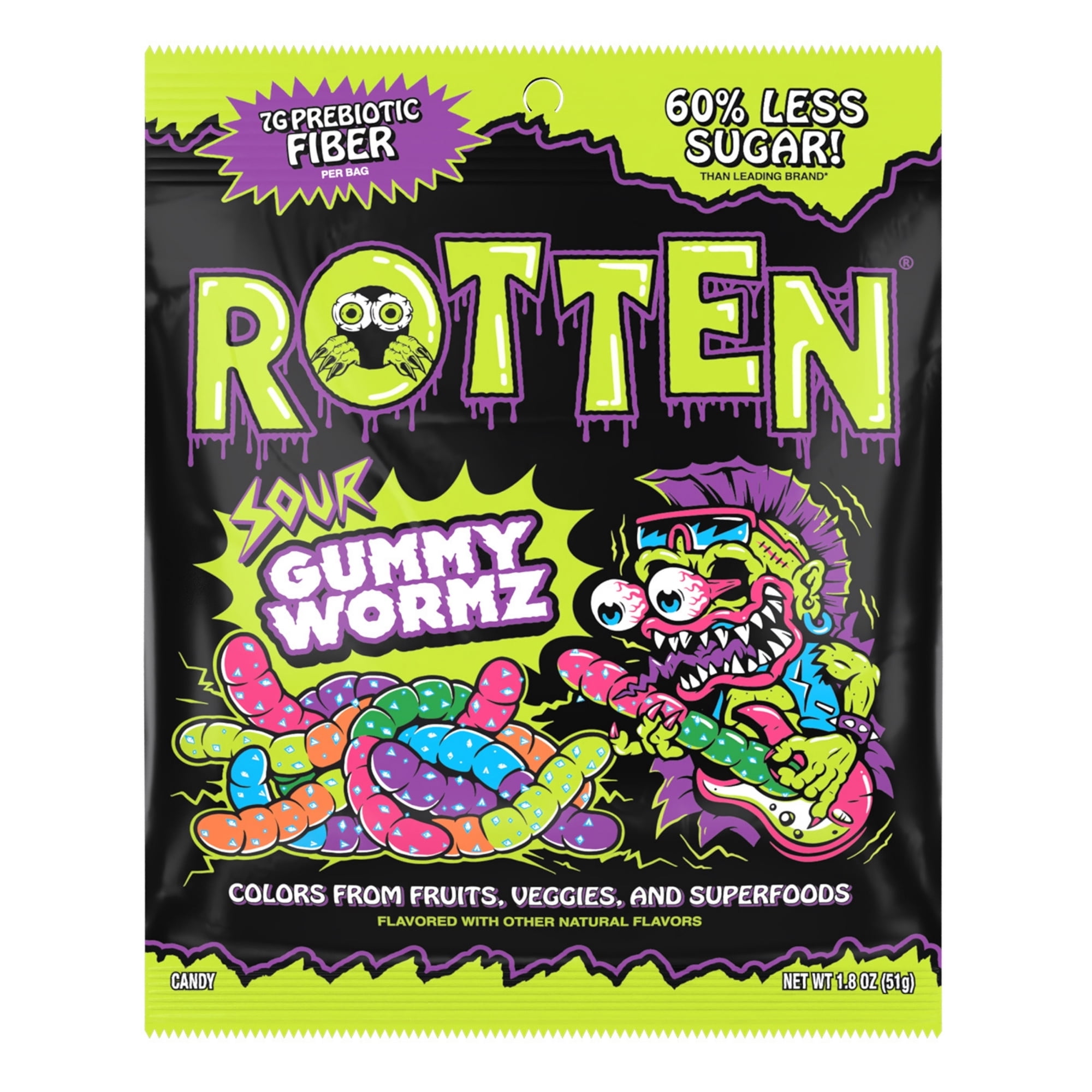 Rotten Sour Gummy Worms Low Sugar & Dye-Free Gluten-Free Candy 1.8 oz