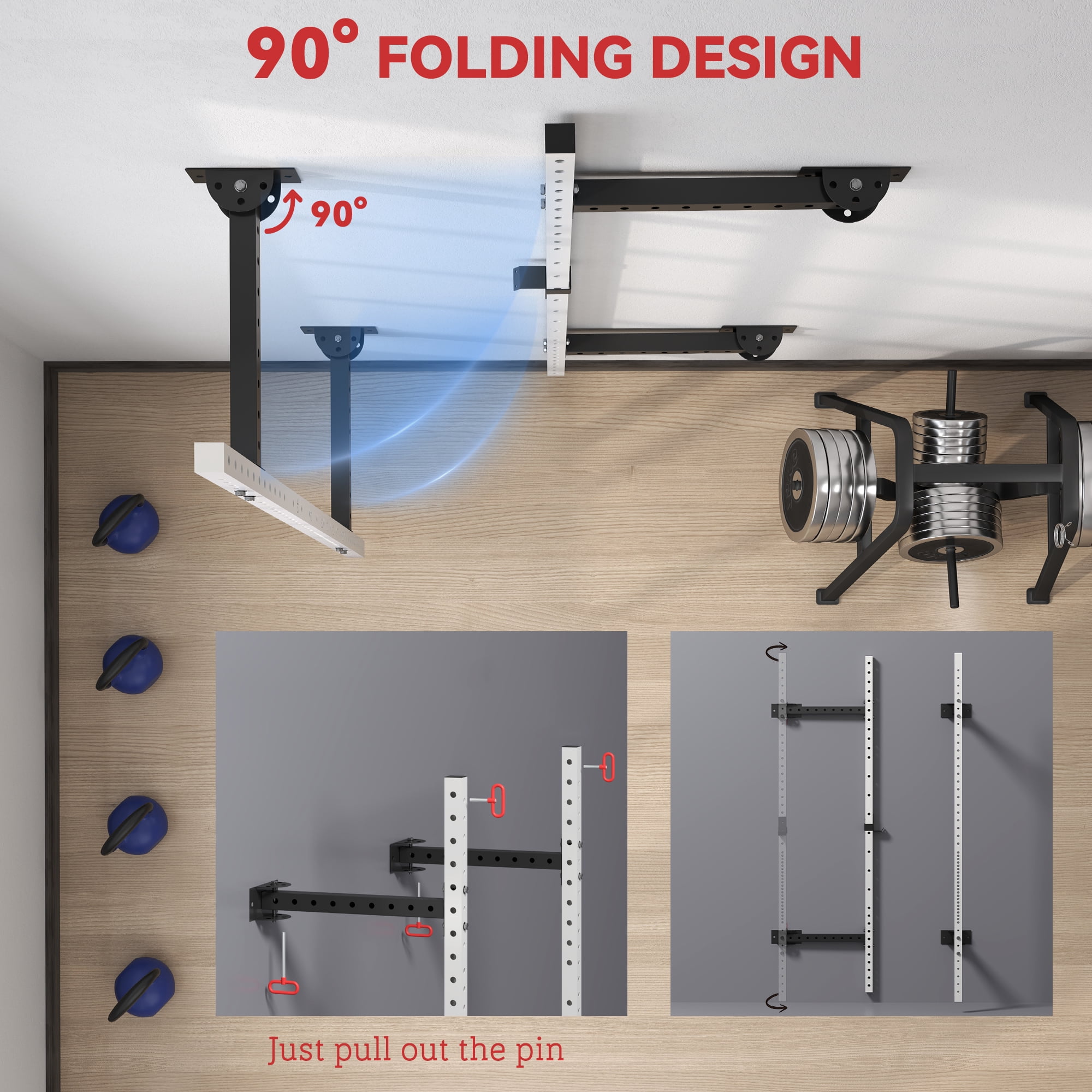 Soozier Folding Squat Rack with Pull Up Bar, Wall Mounted, 1000 Pounds Capacity Power Rack, White